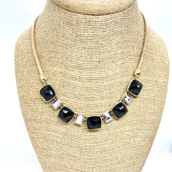 ANNE KLEIN GOLD TONE BLACK CRYSTAL NECKLACE STATEMENT CUSHION CUT RHINESTONE - Picture 1 of 16